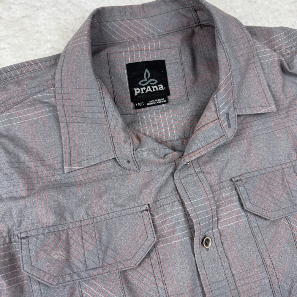prAna Button Down Shirt Mens Large Grey Orange Stripe Long Sleeve Cita‎
